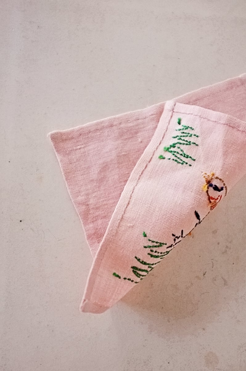 フランス リネン お散歩小鳥と刺繍クロス ドイリー アンティーク