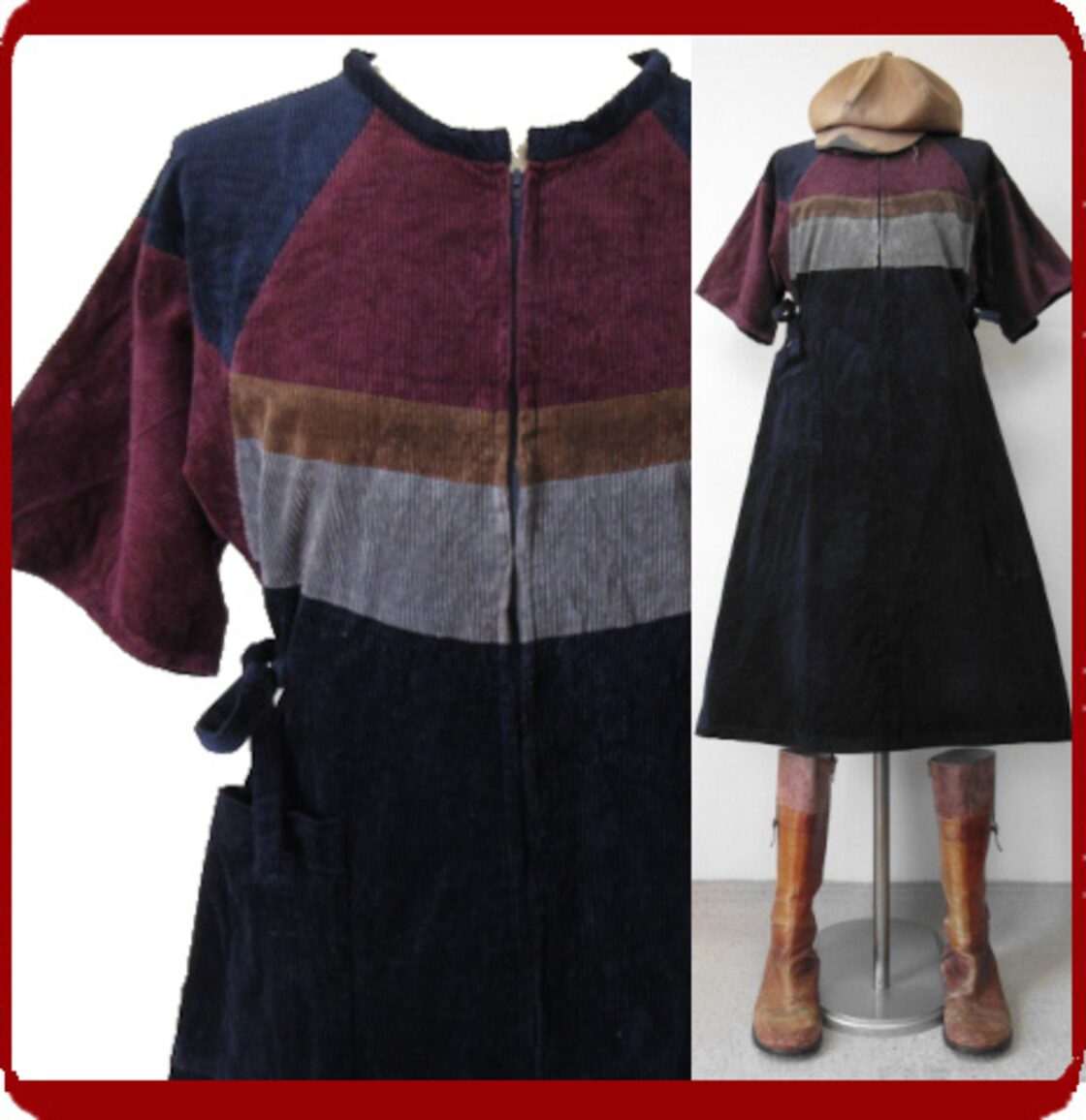古着♪レトロ・Vintage紺赤黄コーデュロイ配色モッズワンピ♪70s60s70 