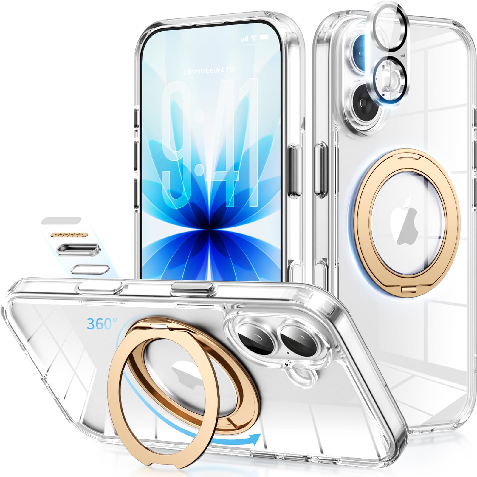 【高透過レンズフィルム・撮影ボタン保護】iPhone 17 用 ケース 全面保護 MagSafeアクセサリー対応 ワイヤレス充電可能 360°回転スタンド 縦横両用 あいふぉん17 ケース 耐衝撃 米軍規格 N52強力マグネット 黄ばみ防止クリア背面パネル ソフトバンパー 四隅エアクッション アイフォン17 カバー ストラップホール付き