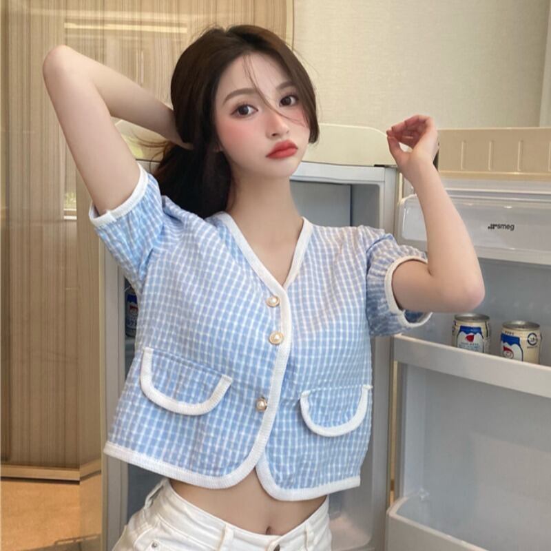 サマーVネック格子柄薄手ニットトップス レディース 夏物 ハンチェンe14435441845