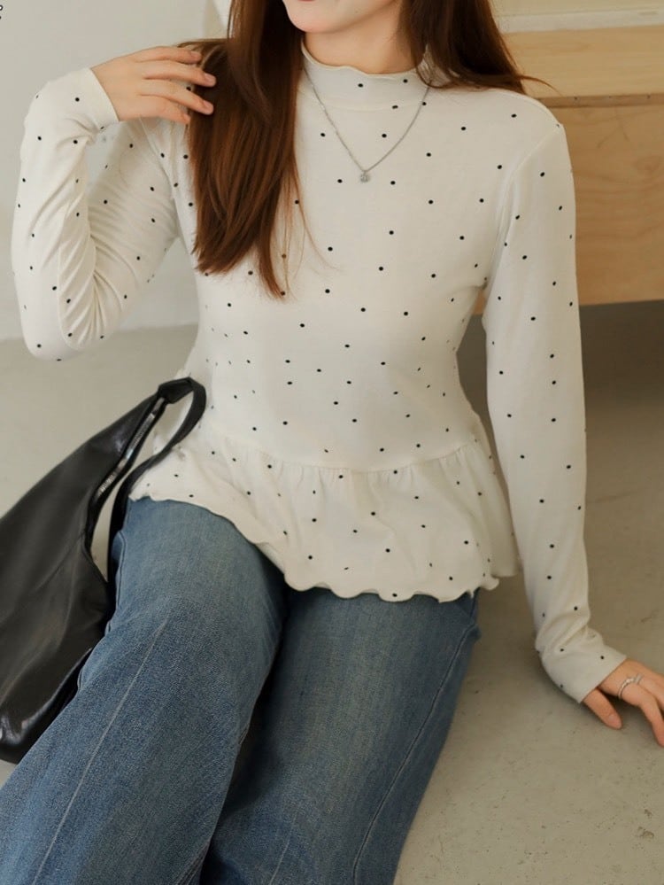 着るだけ細見えふんわり可愛い ドットペプラムトップス おしゃれ 大人可愛い カジュアル ガーリー 美シルエット 体型カバー 大きいサイズ 韓国 CH11333