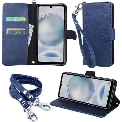 wisers AQUOS sense8 SH-54D SHG11 対応 手帳型スマホケース ダークブルー 牛革調PUレザー カードホルダー/スタンド機能付き ストラップ 2種付き ハンドストラップ/ネックストラップ 202 新型 2610