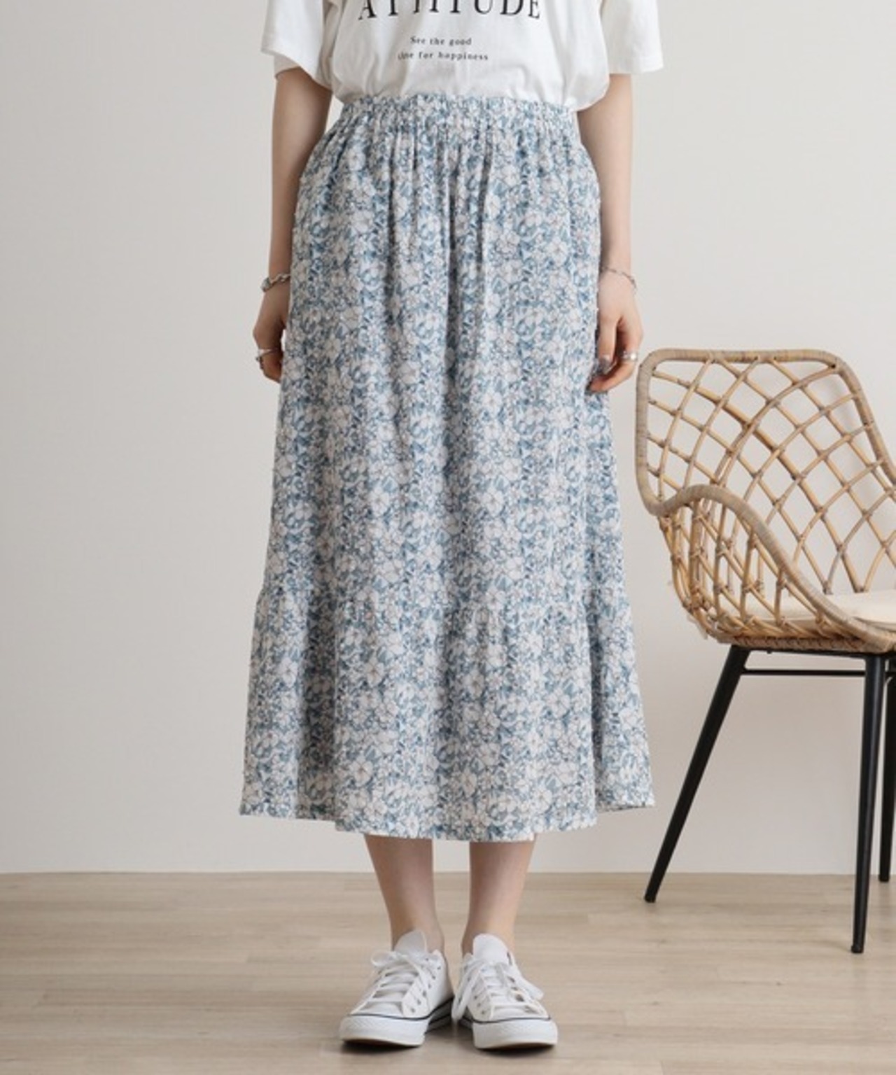 【Emago.】 スカート フラワー 総柄プリント 9分丈