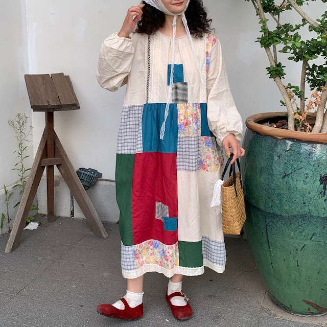 カントリー パッチワーク風ロングワンピース   fu1130