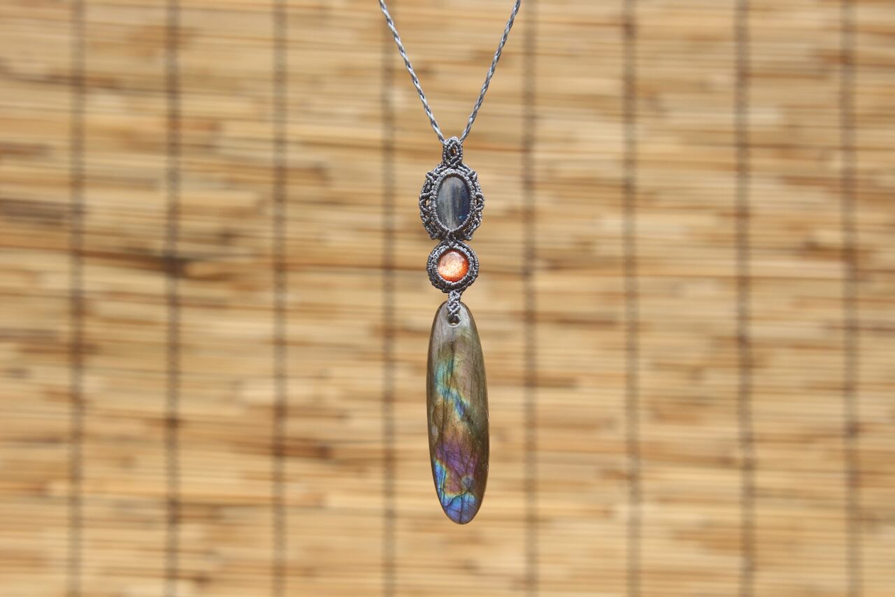 Multi Purple Labradorite & Sunstone & Kyanite micro macrame pendant