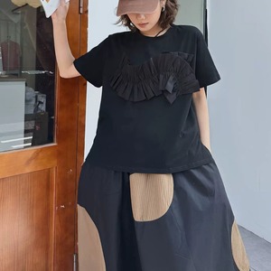 FRILL TRIMMED ROUND NECK SOLID T-SHIRT 3colors M-17100
