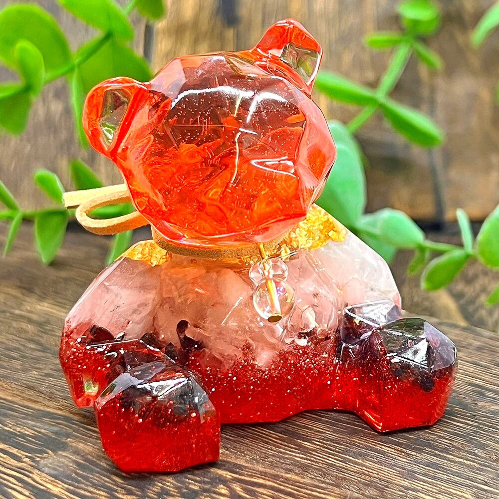 こぐまのオルゴナイト ローズクォーツ&ガーネット 首飾り付き