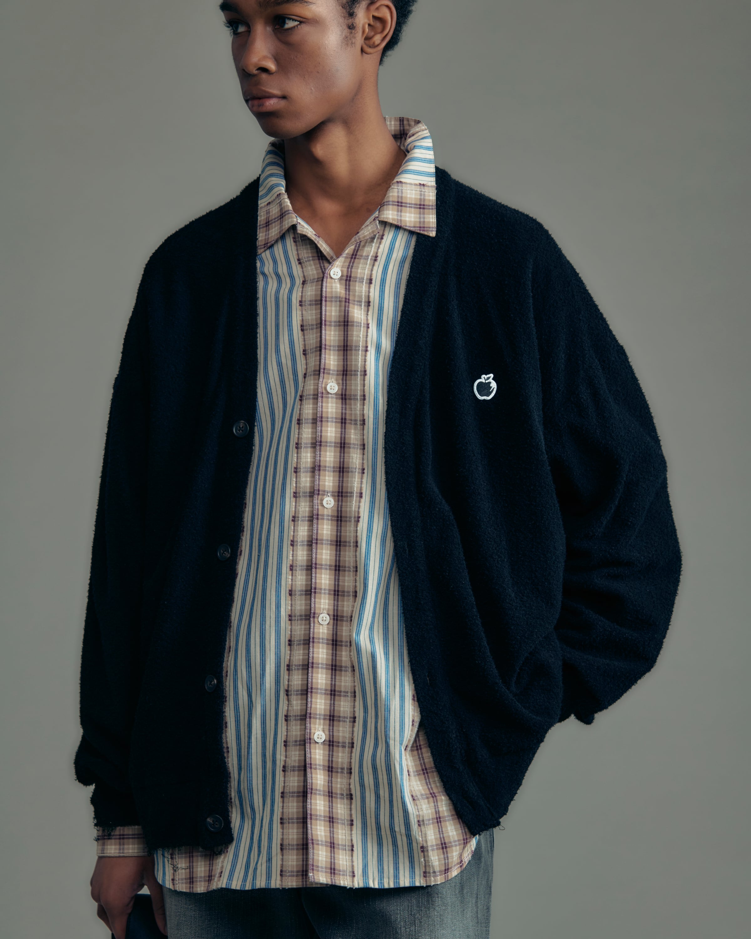 ADAM PATEK washed cotton pile raw-edge cardigan (BLK) AP2614017