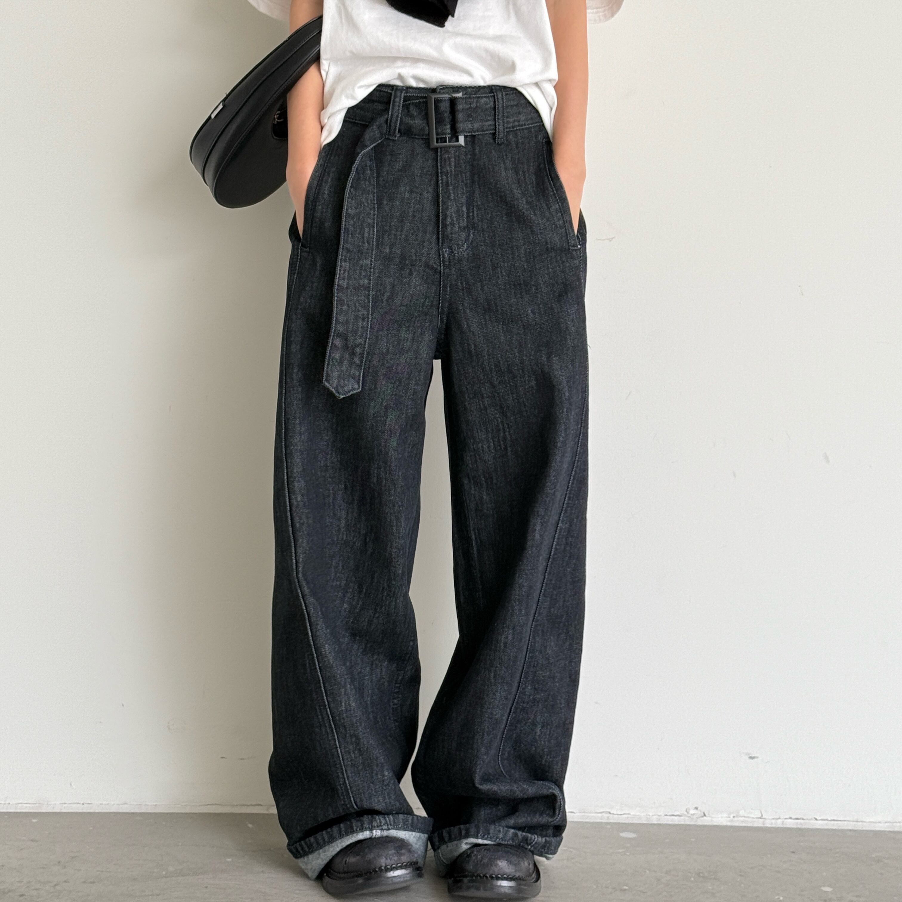 Belted wide denim pants S1318