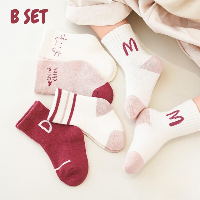 【即納】ネイビーとピンクのクルーソックス 5足セット