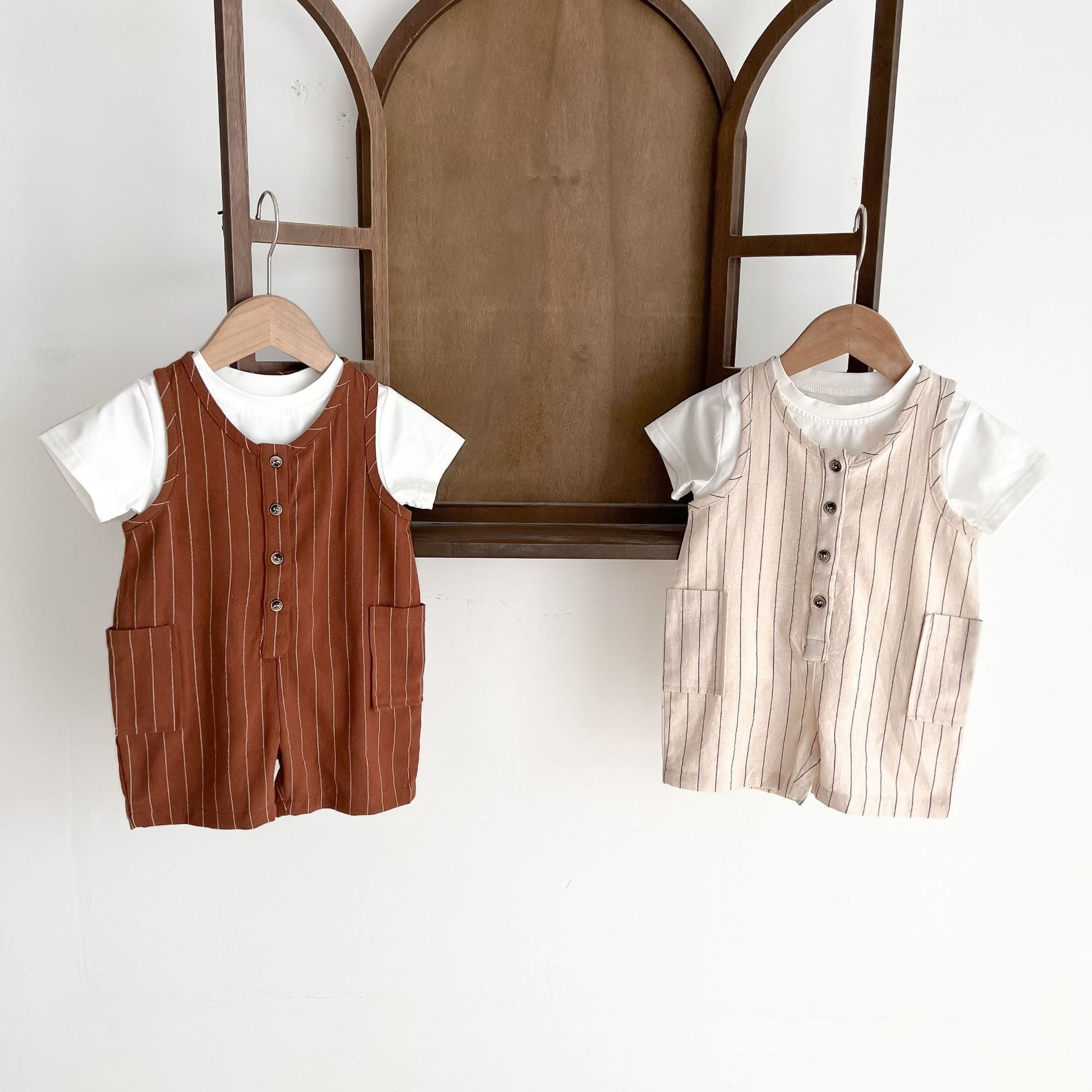 【BABY&KID】夏新作無印シャツ&ストライプサロペットセットアップ