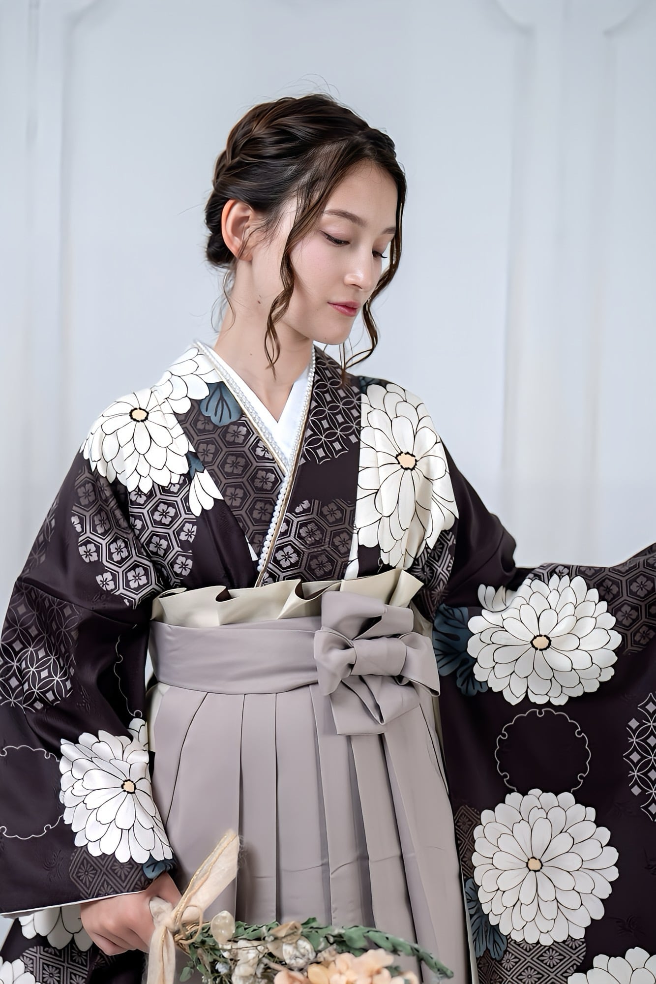 レース二尺袖 着物 袴フルセット 総レース ショート丈 黒色 袴変更可能 二尺袖 袴フルセット レース着物 レース紐袴 ショート 紺 NO36274-4