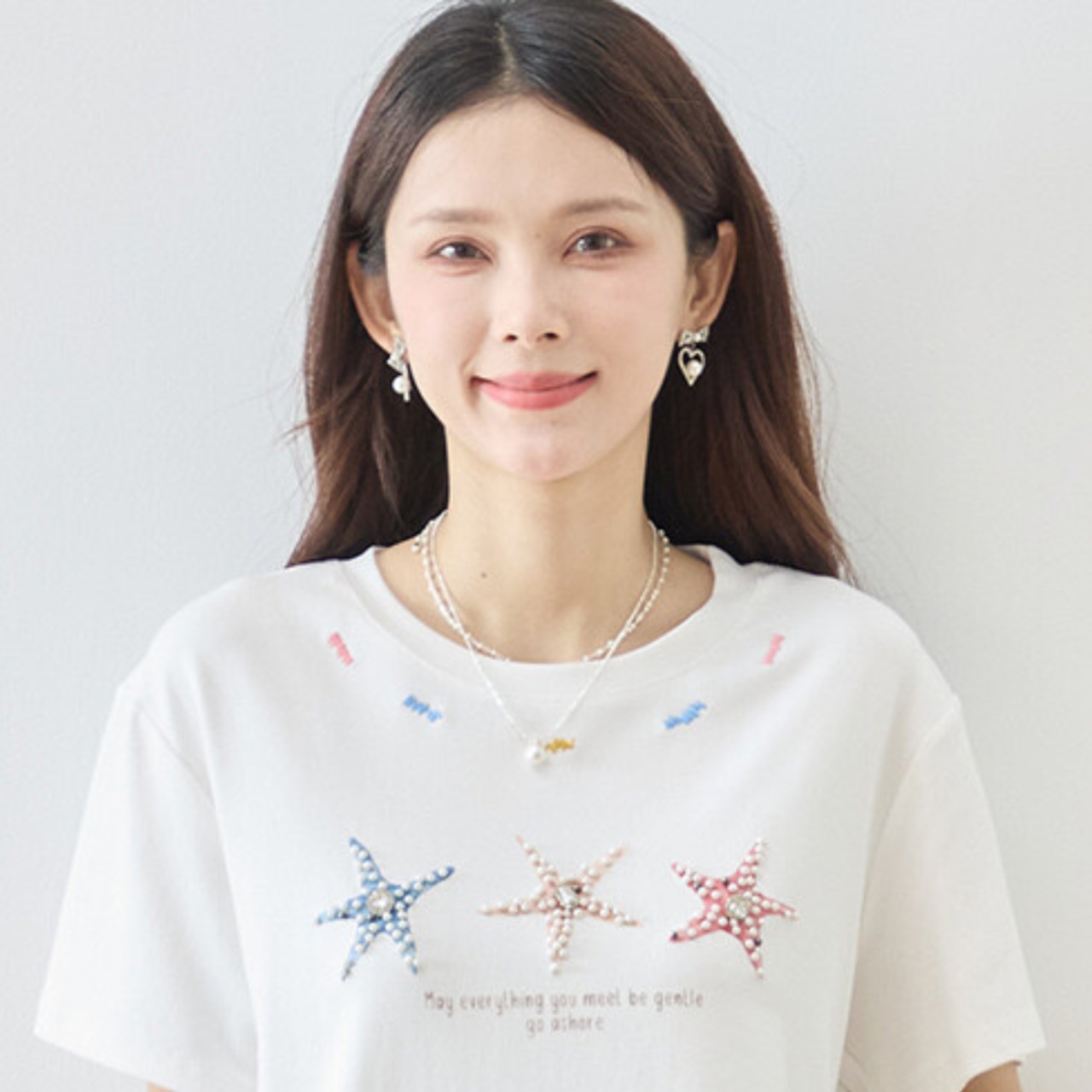 TRUBE ビジュパールデコレーションヒトデ3連プリント半袖Tシャツ【M~L】ホワイト
