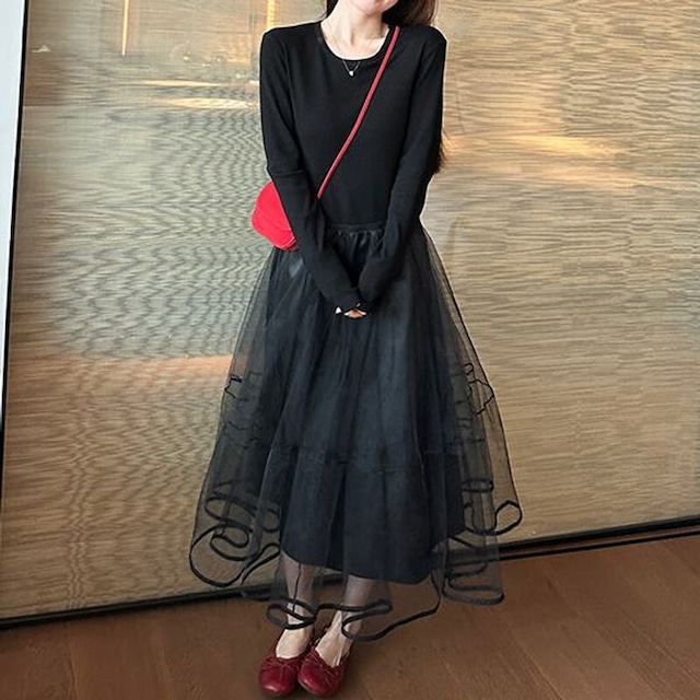 Tulle combi long flare dress　M1401