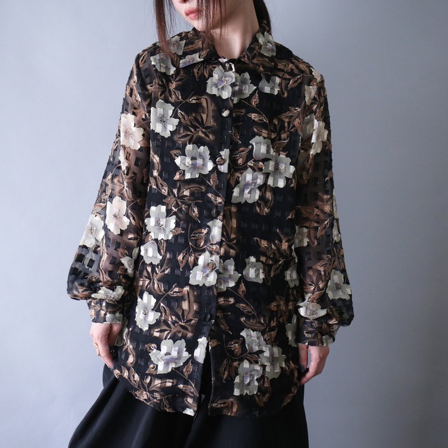 "刺繍" black×white design fry-front band-collar minimal mode shirt