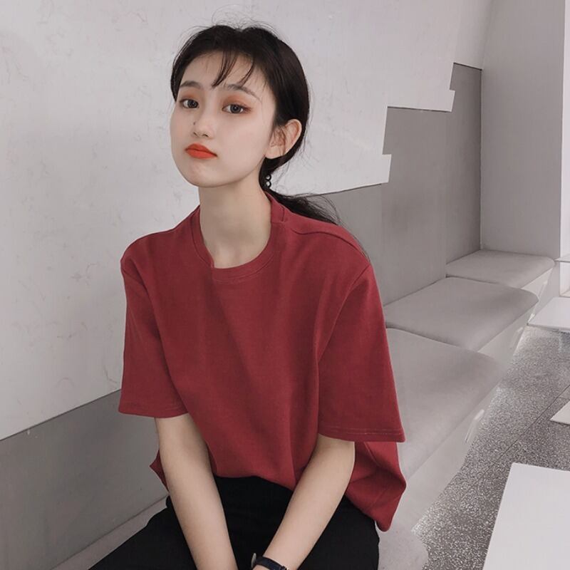 シンプルな無地半袖Tシャツレディースルーズワイルドベーシックレトロラウンドネックプルオーバーブラウス2020春夏新作 YY-ファッション60208421611
