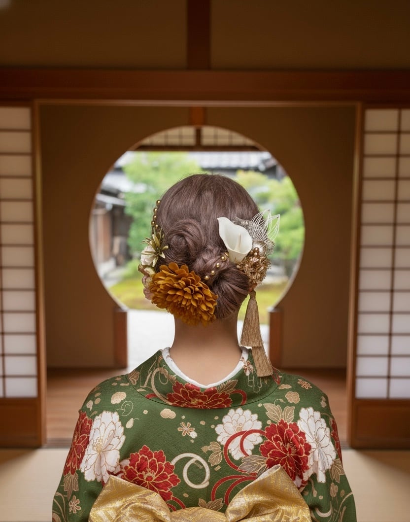 マスタードイエローダリア髪飾り|成人式 卒業式に映えるリボンヘア カチモリヘア タイトシニヨン