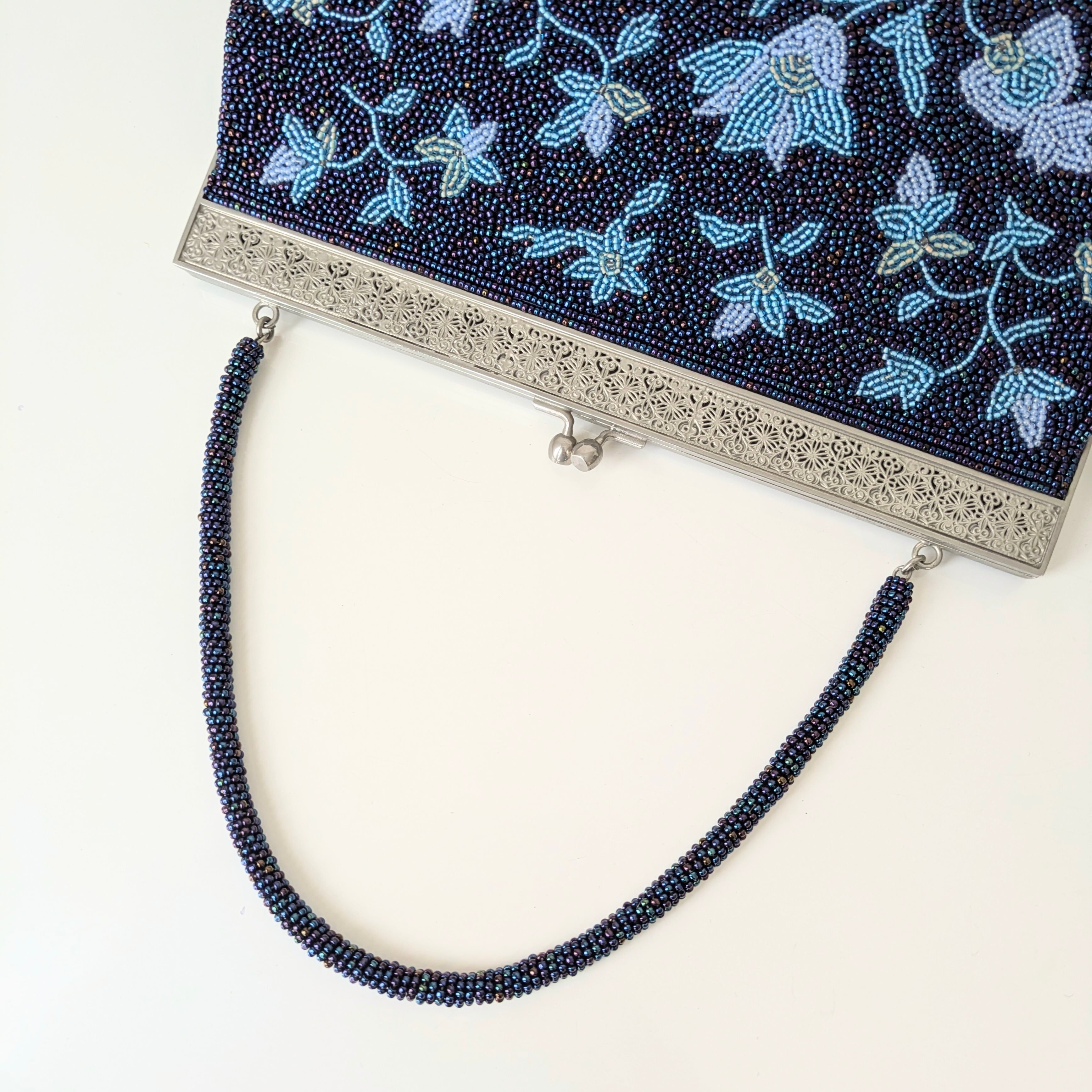 Vintage】ビーズ刺繍バッグ 青 花柄 パーティーバッグ クラッチバッグ
