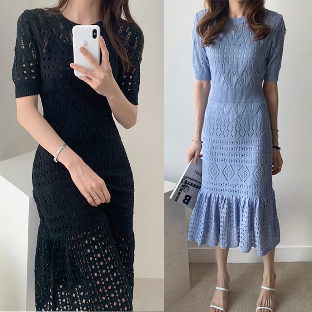 ワンピース レディース ロング丈 マキシ丈 ロングワンピ クロシェ編み マーメイド サマーニット 全4色 ブラック/ホワイト/ブルー/ネイビー