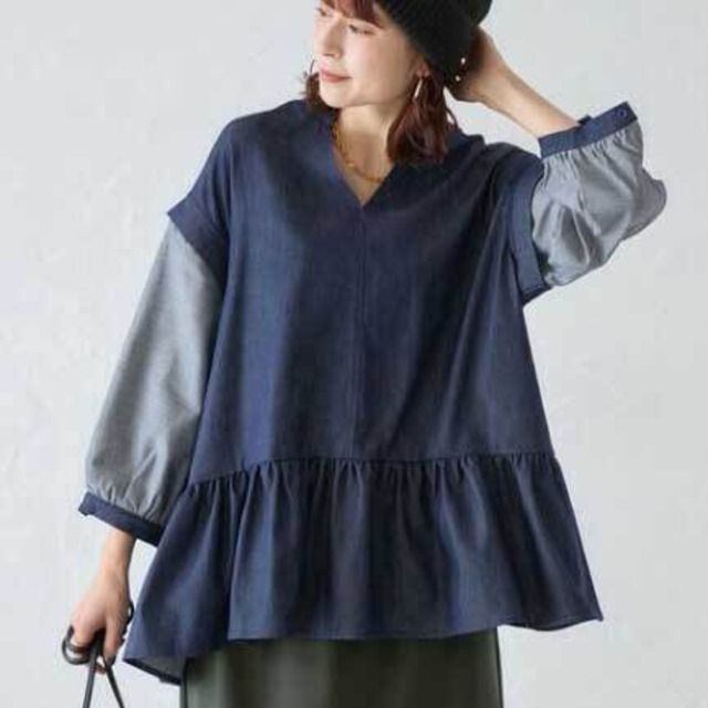 【M～L】2WAY袖取り外し可 デニムペプラムトップス｜体型カバー・長袖半袖兼用・春夏秋・each 13059622