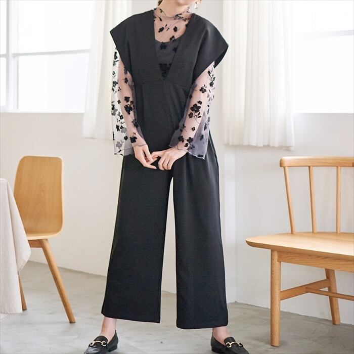 Vネックフレンチスリーブオールインワン 黒