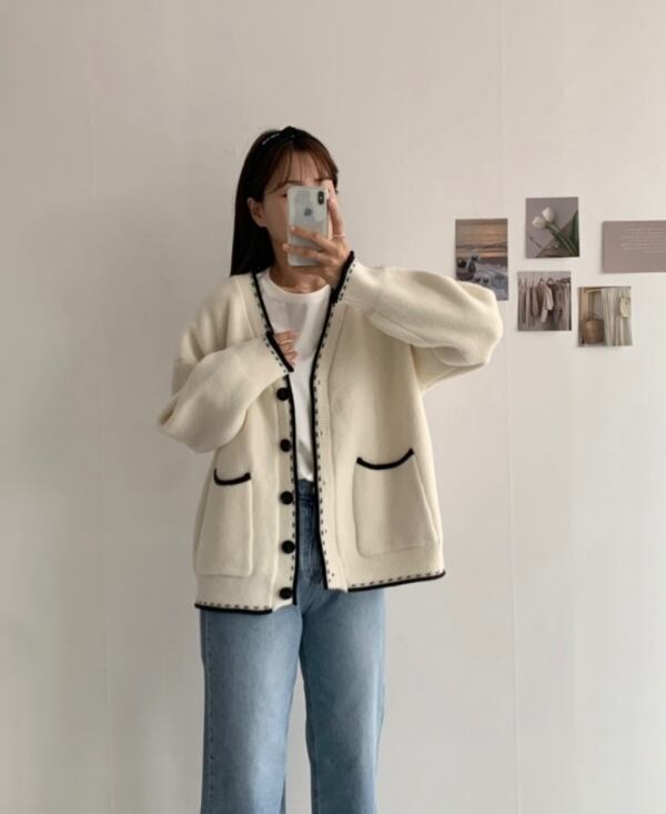 black piping stitch knit cardigan