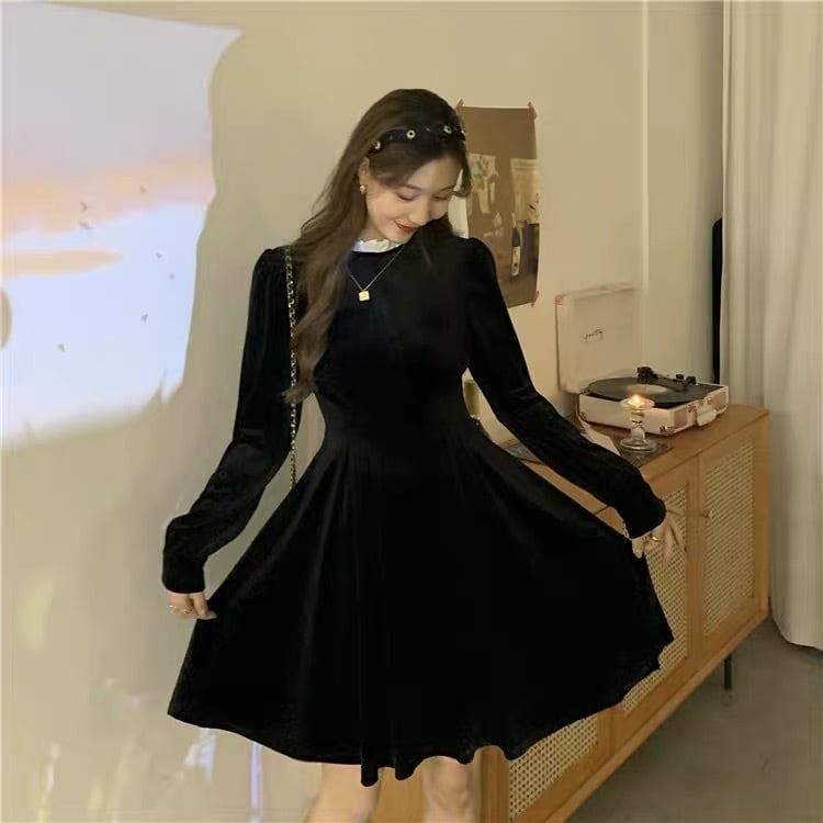 レディース ワンピース ミニ丈 ブラック 黒 ドレス ベルベット ベロア クラシカル ガーリー シンプル おしゃれ 韓国 きれいめ プチプラ  AO-2-10 dress_sugar_moon