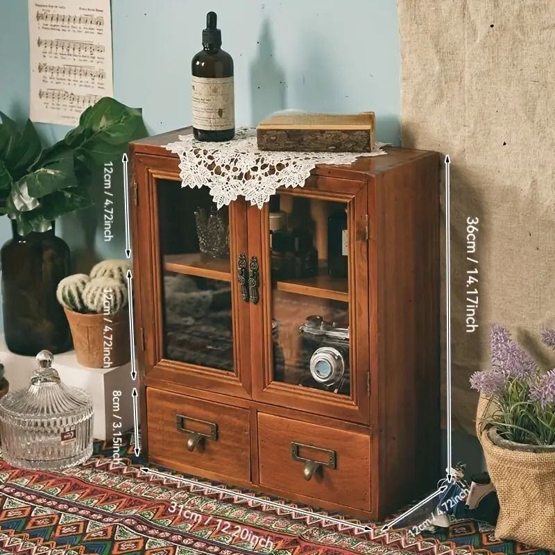 アンティーク　引き出し付き　キャビネット　収納 卓上 ガラスキャビネット 両開き 収納ケース 引き出し付き 木製 ガラス