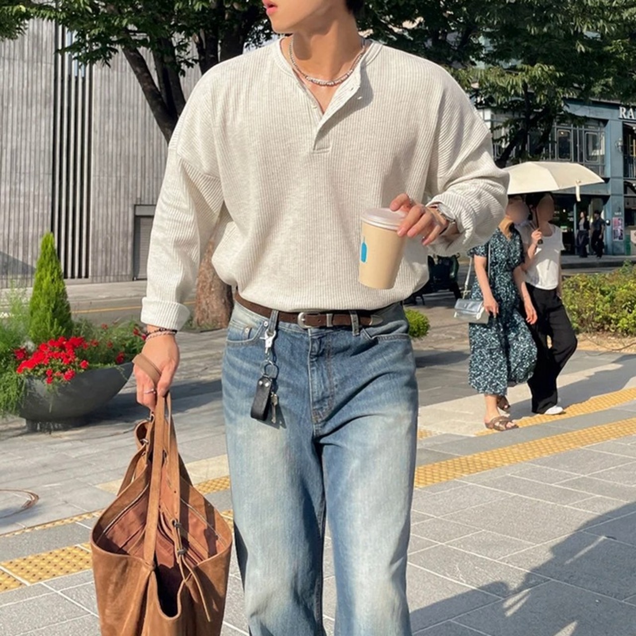 ヘンリーネックシンプルリブロングTシャツ　1280