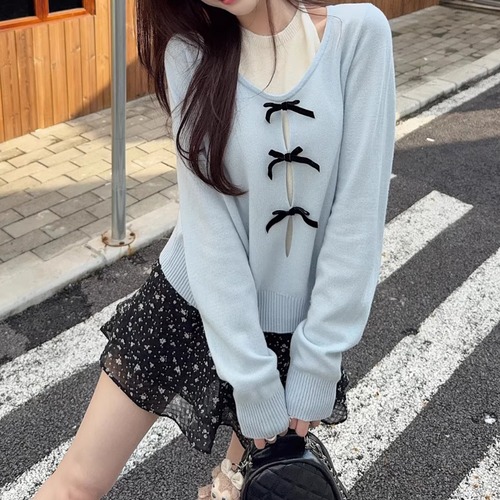 3連リボンホルターネックドッキングニット ・75825