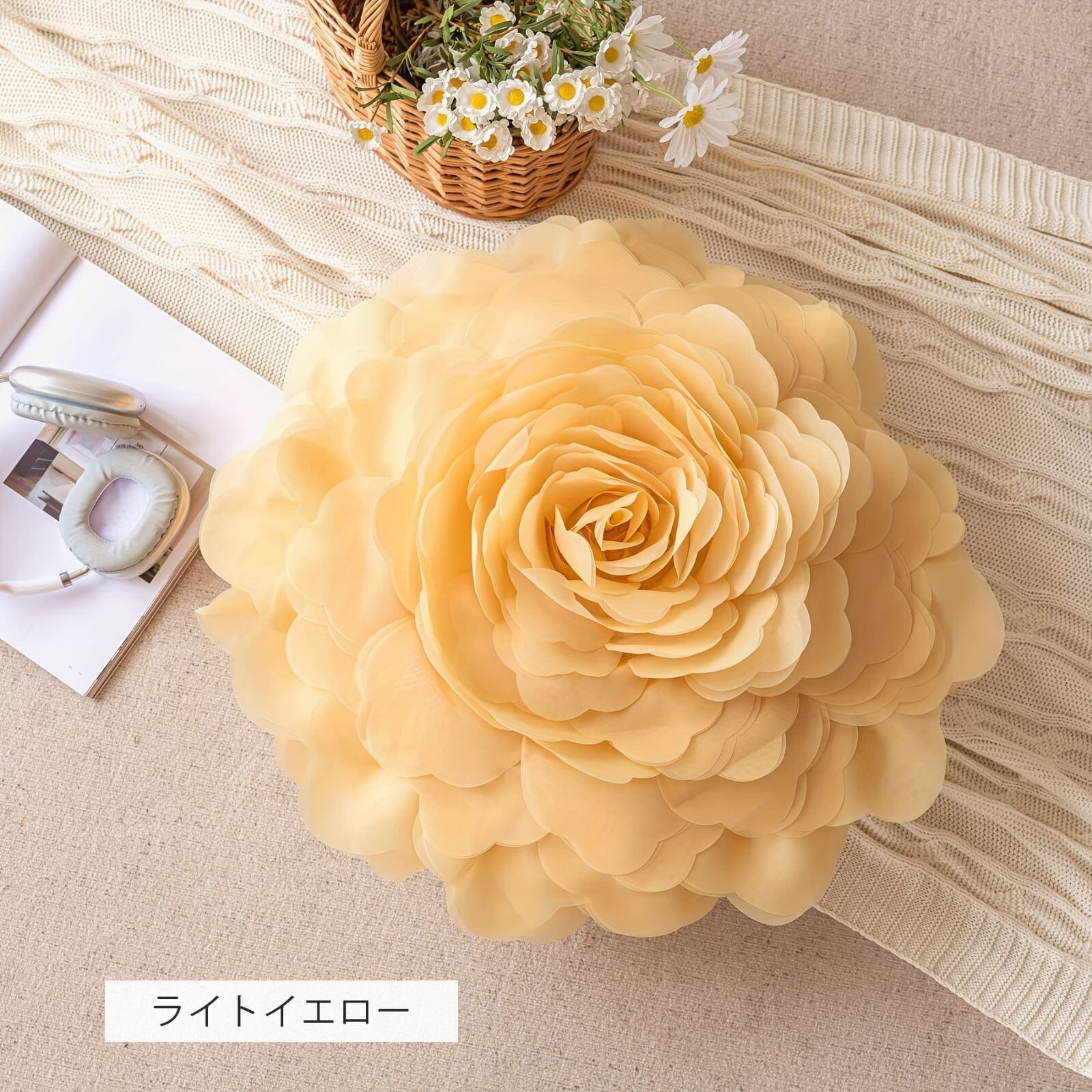 チュール大花柄クッションカバー 3D プリンセス風 ライト