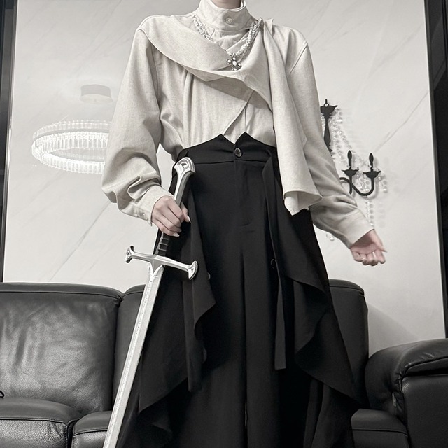 サブカル系 モードシャツ 長袖 ネックレス付き スタンドカラー