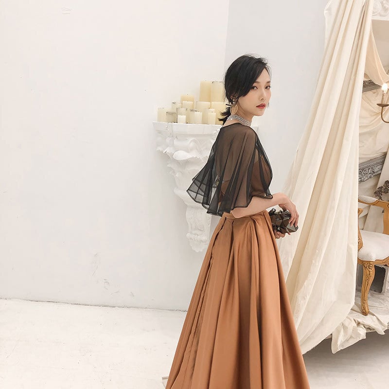 人気商品 ブラウン ロングドレス クルーネック パーティードレス