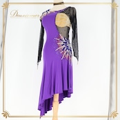 社交ダンス 衣装 ラテン ドレス ワンピース ラテンドレス 紫 ゴールド 長袖 パープル系 デモ 競技 フェスティバル 豪華 おしゃれ ショート丈 競技用 ダンスパフォーマンス 発表会 パーティ ステージ 衣装 演出用 ストレッチ シンプル