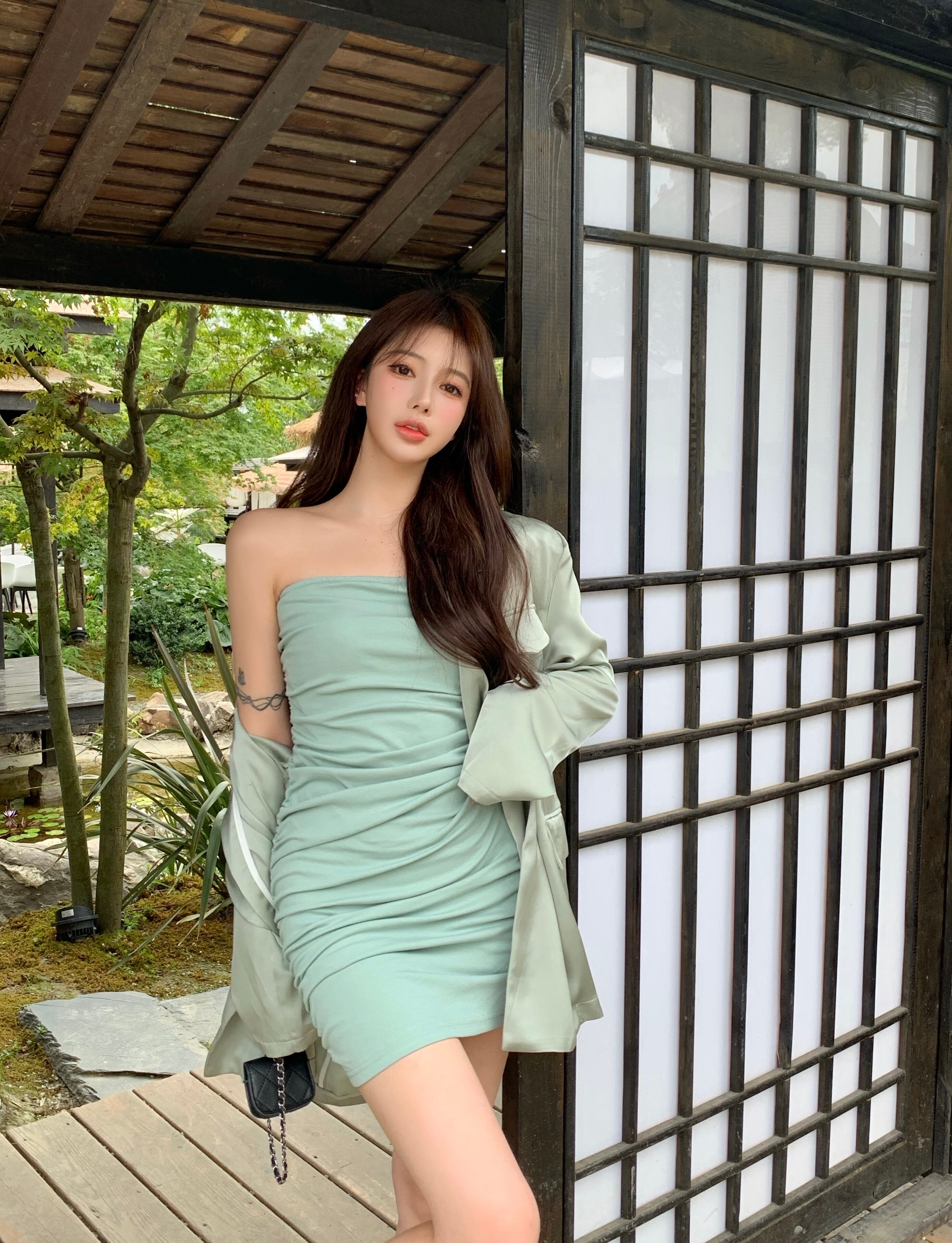 トップス ドレス グリーンショートスカート サマー 夏物 ブラックストロベリース3561612889