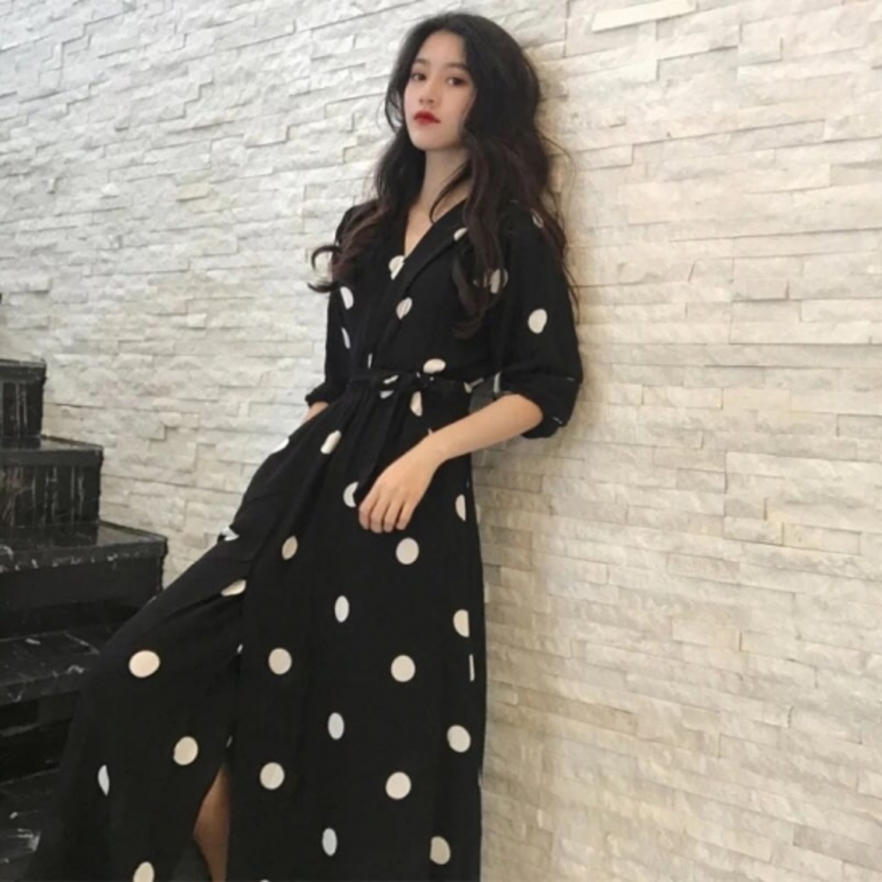 ロングワンピース ロングワンピ レディース かわいい Vネック 5分袖 