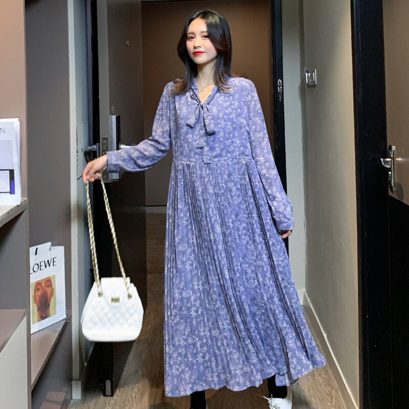 【新作】【送料無料】 マタニティウェア2020春と秋の新しいファッションシフォン小麦耳花柄ドレス、弓ミドル丈マタニティドレス-アリババ リボン スプリング 春物 オータム 秋物 expec298226443176