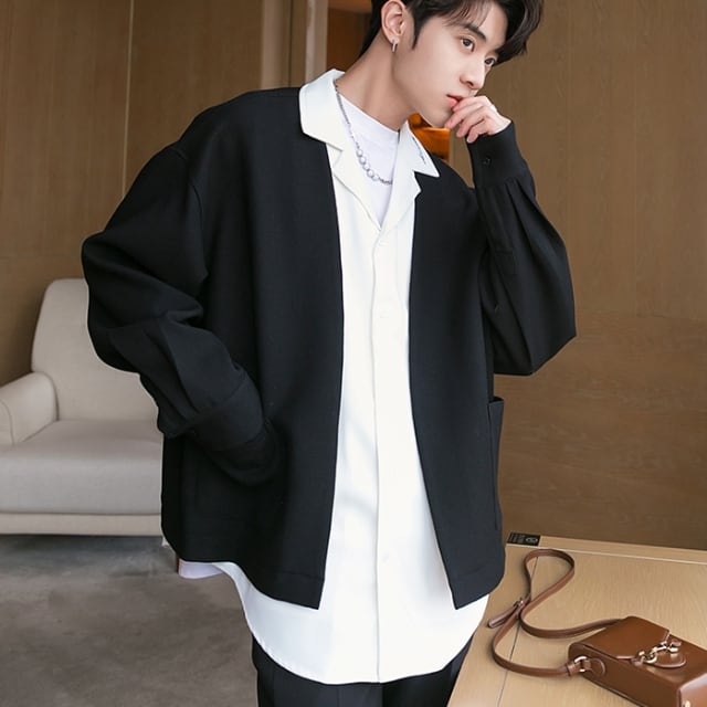 予約販売】シャツ 長袖 レース 重ね着風 レイヤード モノトーン