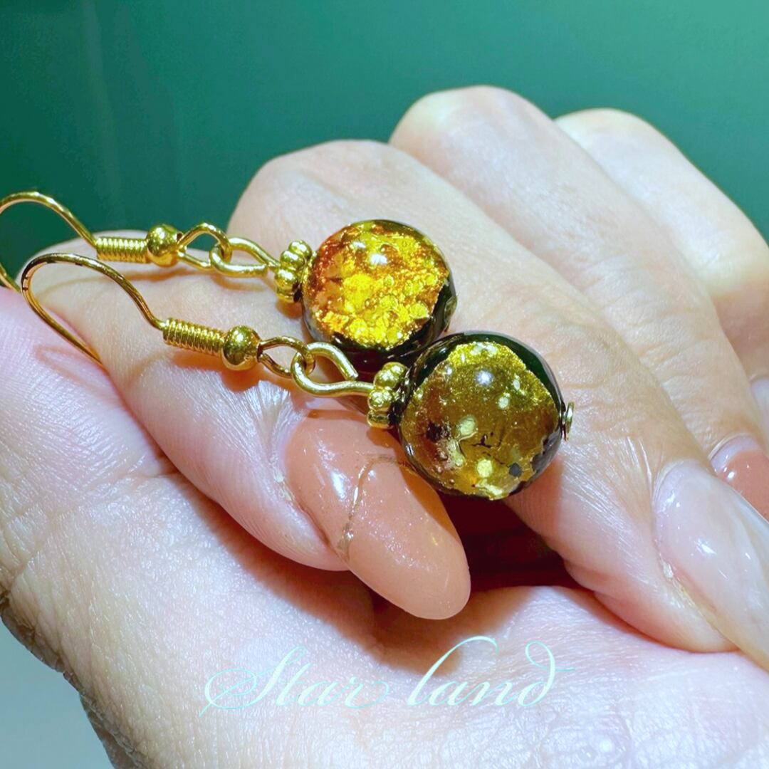 Bテンダー★Ｎｏ1853 琉球ガラスフリット✨ゴールド系★15ｇ 金運上昇】琉球黄金ホタルガラスピアス | 沖縄のアクセサリー