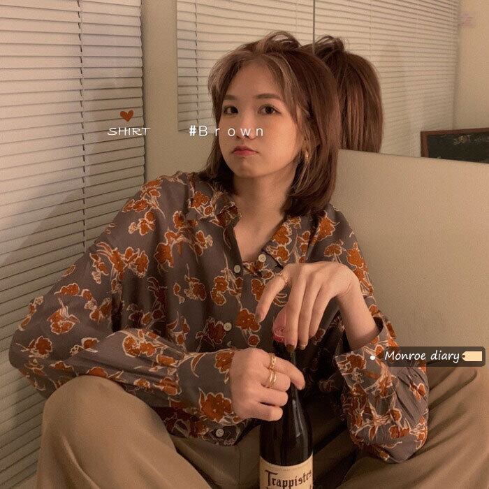 スタンダードFlowerデザイン シャツ レディースオータムウィンタートップス ルーズジャケット ロング レトロ 秋物 冬物 フラワーデザイン モンロー93457603494