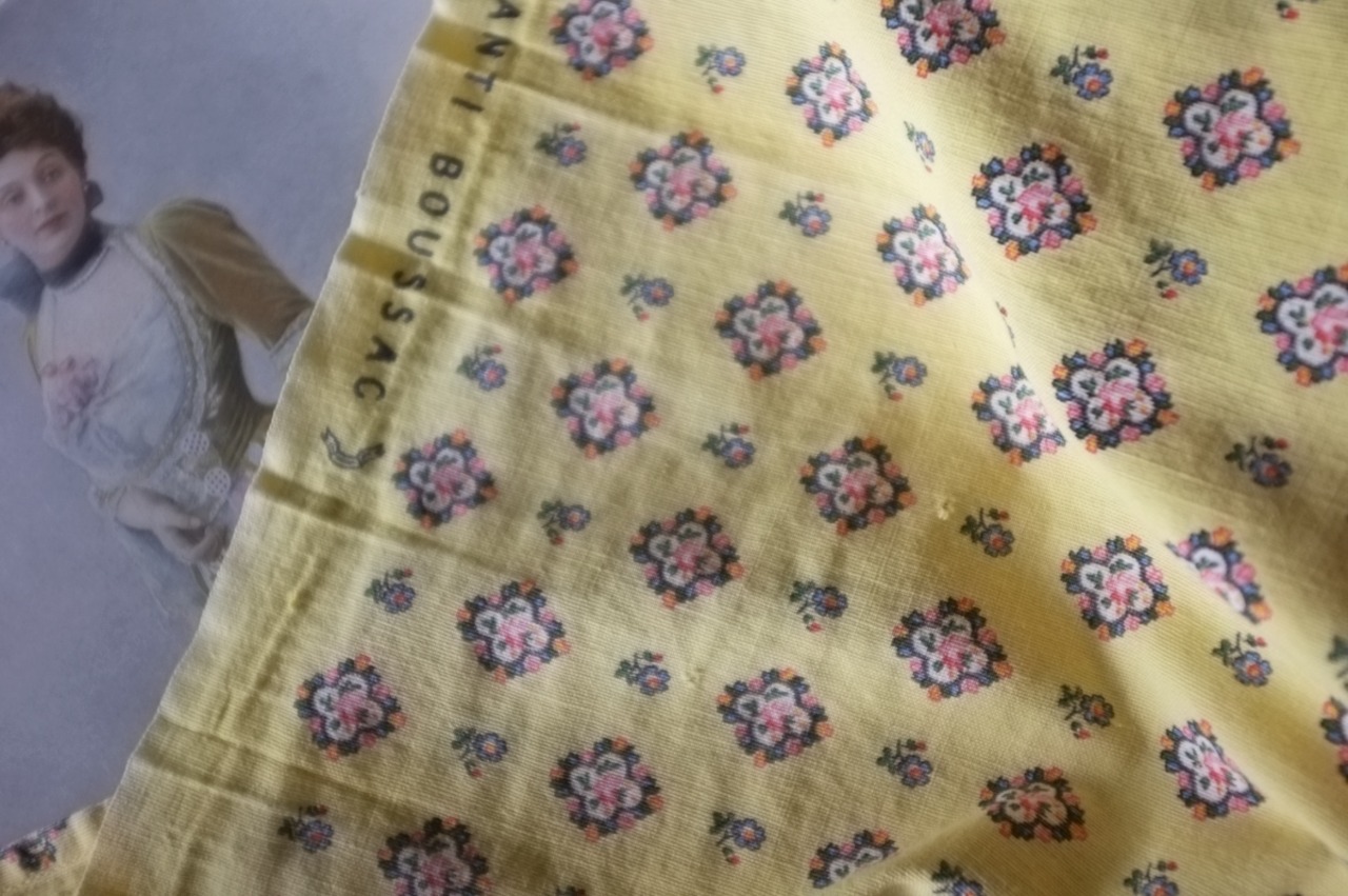 40~50s フランス 120x40c カナリアイエローの薔薇園と室内装飾用ファブリックb romanex garanti boussac ヴィンテージ
