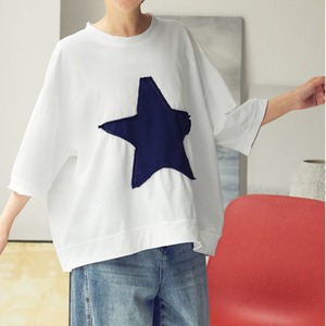星型アップリケ　ボックスシルエット　五分袖Tシャツ 　A00282