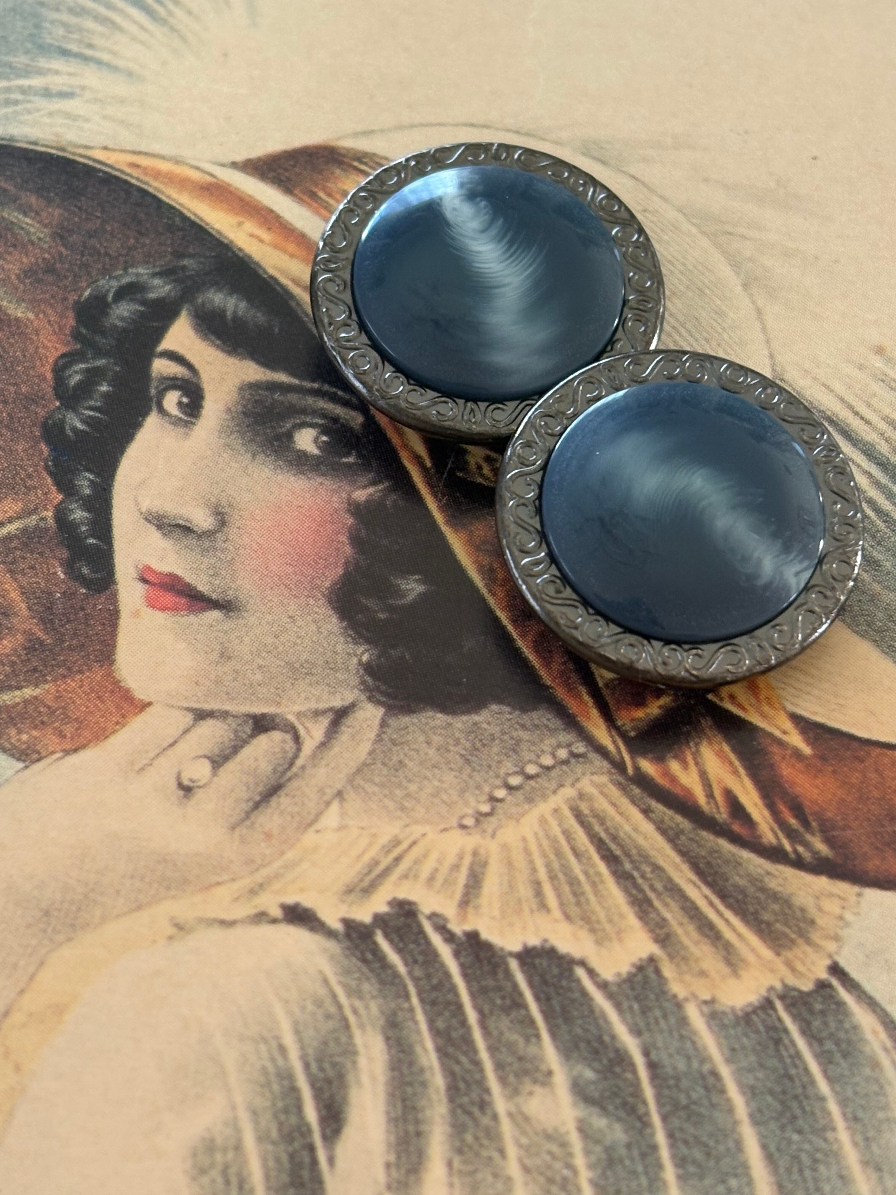 20mm Japanese ヴィンテージボタン ブルーグレー×シルバー プラスチックボタン マーブル調 レトロ アクセサリーパーツ 装飾材 カルトナージュ