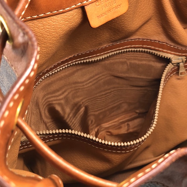 CELINE セリーヌ マカダム ショルダーバッグ ブラウン ブラゾン型押し PVCレザー 巾着 vintage ヴィンテージ オールド xavauj