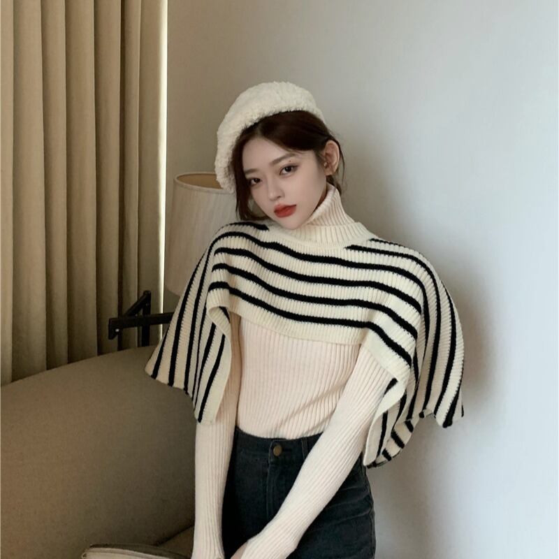 ストライプニットスプリングスタンダードトップス ロング レトロ 春物 ブラックストロベリース57949846205