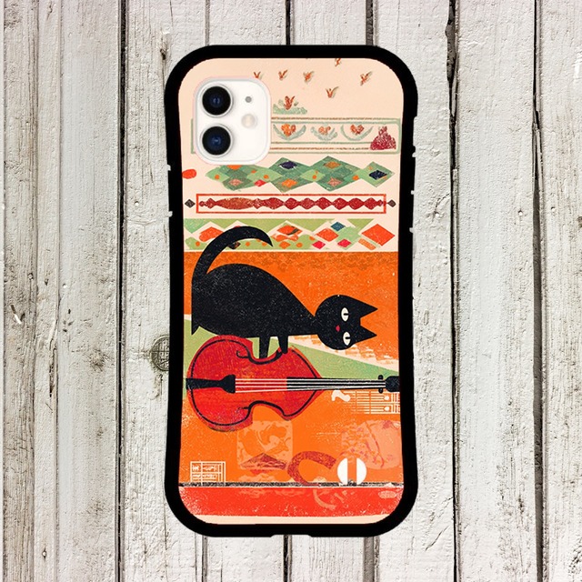 iPhoneケース 黒猫 ウッドベース 音楽｜コントラバス 北欧レトロ CAT024
