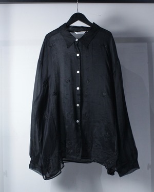 【Caka BLACK】Botanical Embroidery Vintage Silk Sheer Shirt