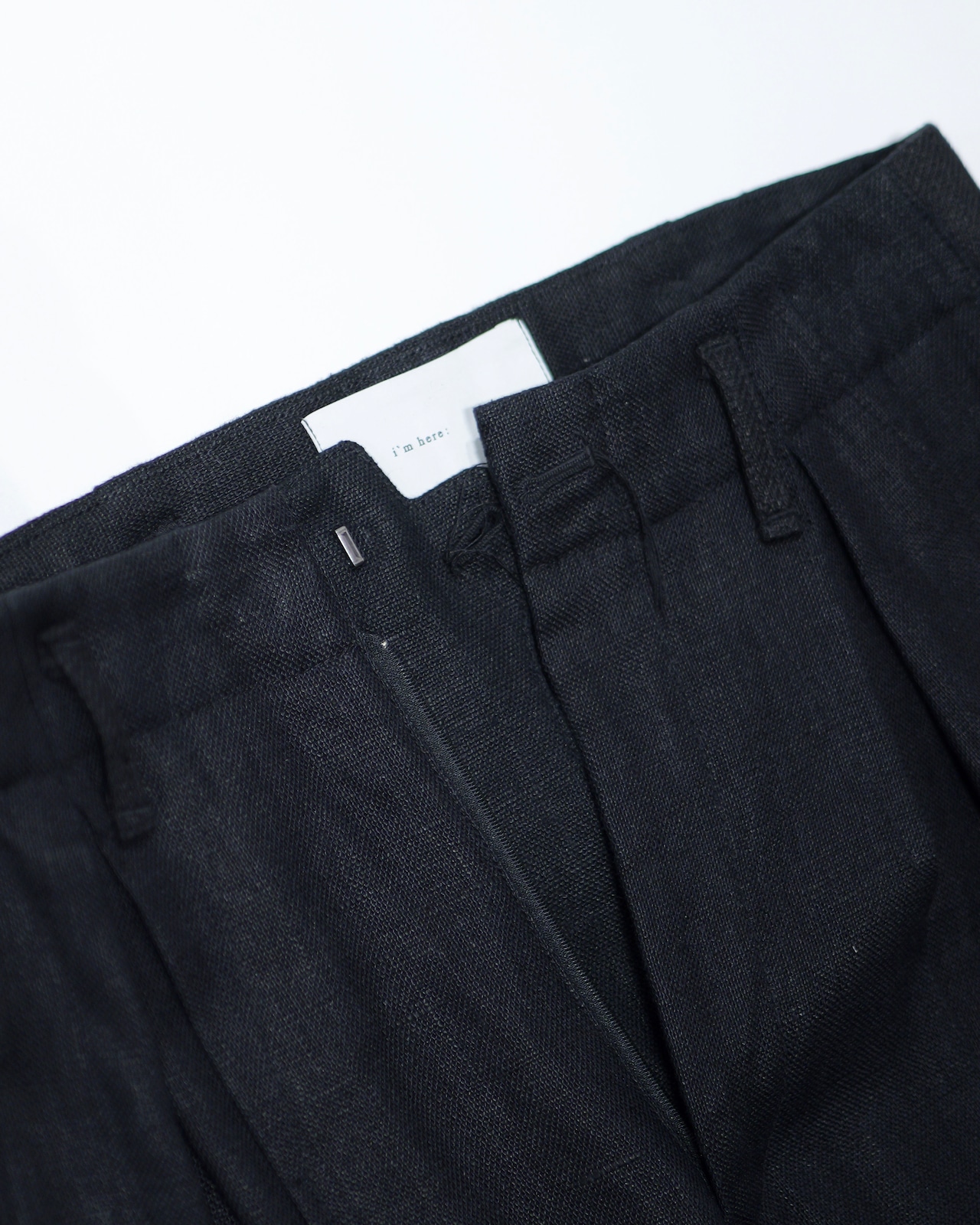 i’m here - Linen Wide Pants :Black|3種リネン切替/ワイド/“だまし絵”前立て