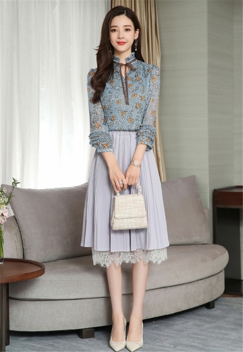 春も使える 限定SALE 韓国ファッション 気質OL スタイル シフォン シャツ + プリーツスカート 2点セット