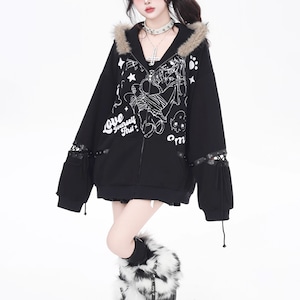 レースアップスリーブリボンジップアップウサ耳ファーフーディイラストジップアップパーカー(2カラーあり)(lli_6190)